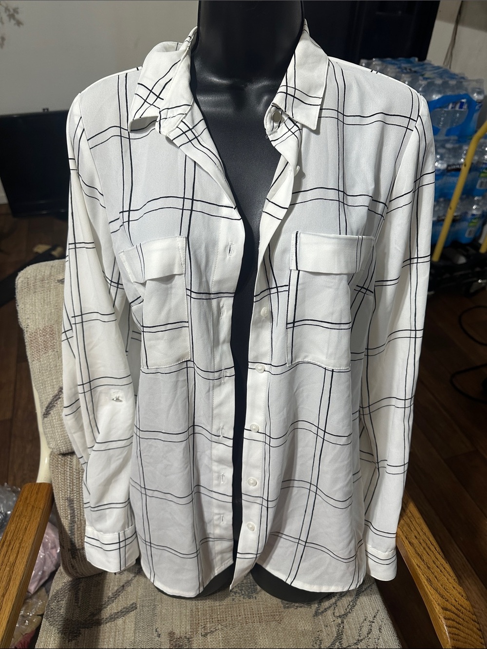 Apt. 9 White Button-Down Shirt with Black Windowpane Plaid